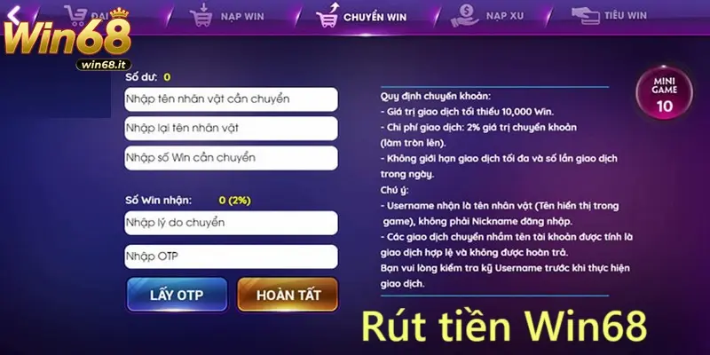 Rút tiền Win68 đơn giản, nhanh chóng